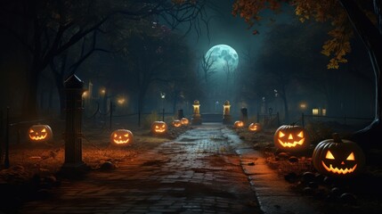 Halloween symbol: glowing pumpkins with sinister faces line the street against the backdrop of the moon. - obrazy, fototapety, plakaty