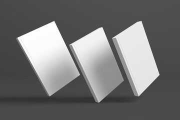 Realistic 3D book mockup illustration with 3 soft covers. Book model standing on isolated gray background with shadows. Book with 3 soft covers. Ready for you to present your design.