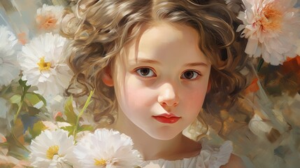 A beautiful little girl with brown eyes with short blond hair among the flowers looks straight, watercolor drawing