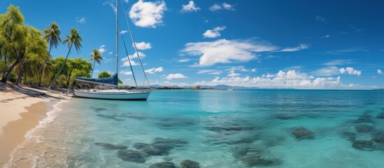 Sunny beach adorned with a sailboat - obrazy, fototapety, plakaty