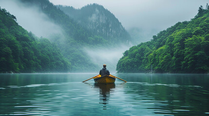Solitary rower on a quiet, mist-covered lake amidst green mountains and a serene landscape.