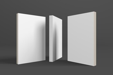 Realistic 3D book mockup illustration with 3 soft covers. Book model standing on isolated gray background with shadows. Book with 3 soft covers. Ready for you to present your design.