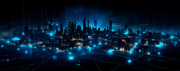 Naklejka premium A futuristic cityscape at night illuminated by blue lights, creating a striking and modern atmosphere. Artificial Intelligence. AI. Data transmission. Big data. Virtual reality. Banner. Copy space