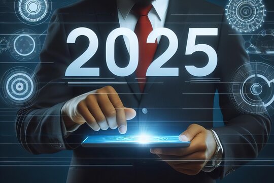man in suit is pointing at tablet with the number 2025 on it