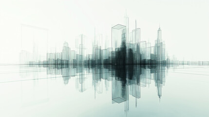 Fototapeta na wymiar Abstract Futuristic monochrome digital cityscape with wireframe grid