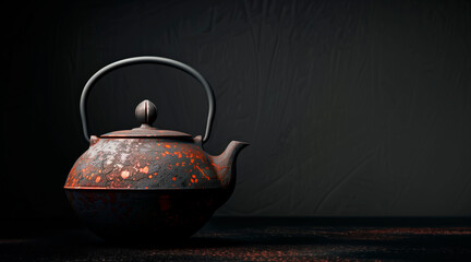 Japanese teapot on a black background, copyspace