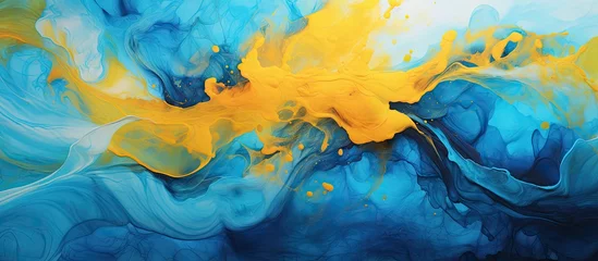 Fotobehang Create a stunning painting with fluid motions in bright shades of yellow and blue for a contemporary art piece © TheWaterMeloonProjec