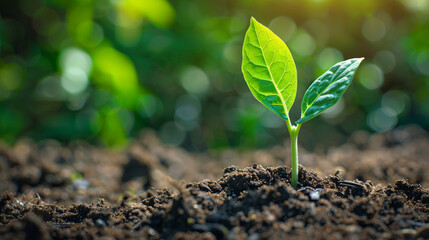 A vibrant, green sapling emerging from the soil, symbolizing hope and renewal for Earth Day. - obrazy, fototapety, plakaty