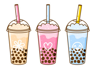 Set of cute cartoon bubble tea drinks isolated on white