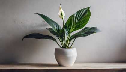Fototapeta na wymiar An elegant spathiphyllum plant stands in white pot against white wall, offering minimalist aesthetic, space for text