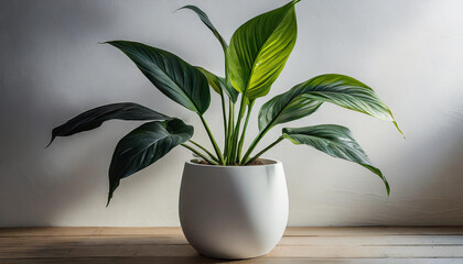 An elegant spathiphyllum plant stands in white pot against white wall, offering minimalist aesthetic, space for text - obrazy, fototapety, plakaty