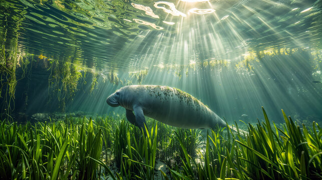 Peaceful gathering of manatees underwater, surrounded by a bed of vibrant sea grass.