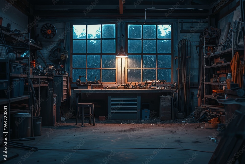 Poster a well-equipped workbench illuminated by a lamp in a dimly lit room, showcasing various tools used f