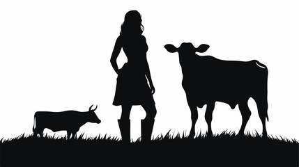 Hand Drawn woman farmer standing next to cow illustration