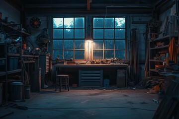 A well-equipped workbench illuminated by a lamp in a dimly lit room, showcasing various tools used for practical tasks, An evocative image of an empty mechanic's workshop at dusk, AI Generated - obrazy, fototapety, plakaty