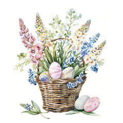 Basket with spring flowers and easter eggs, watercolor illustration