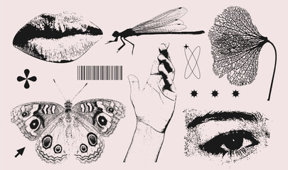 Trendy elements set with a 2000s natural beauty aesthetic. Retro photocopy effect y2k eye, lips, dragonfly, butterfly, hand for vintage print design. Vector textured clipart