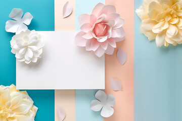 Creative template concept. Blank sheet paper on pastel striped background, surrounding paper flowers and petals. Template for product presentation. copy text space, top view, flat lay