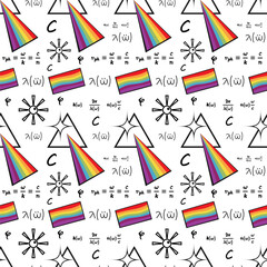 Fototapeta premium Prismatic spectrum seamless pattern, beautiful scientific pattern, formulas on mathematical symbols. School or college. Black and white