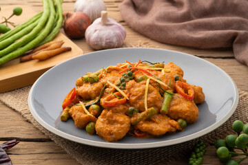 Stir Fried Fish Balls with Red Curry,Spicy stir fry clown featherback fishball with sting bean and Turkey berry with Thai curry paste