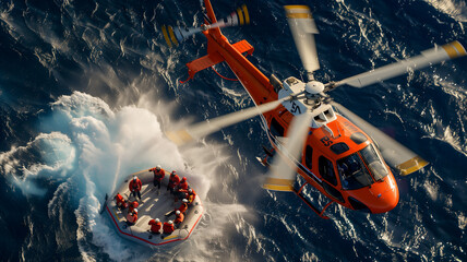 Rescue helicopter flying over life raft carry victim from Incident on sea .