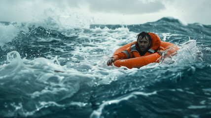 Man wear life jacket float on ocean surface after shipwreck stormy weather .