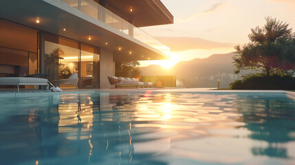 An inviting illustration of a modern villa with a sleek design, overlooking a pristine pool that...