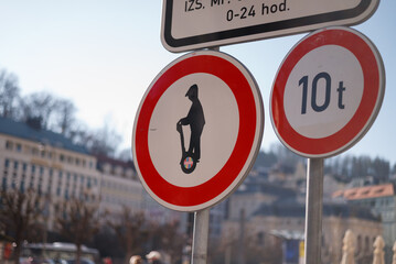 sign prohibiting movement on hoverboards, Segways, in Karlovy Vary, Czech Republic