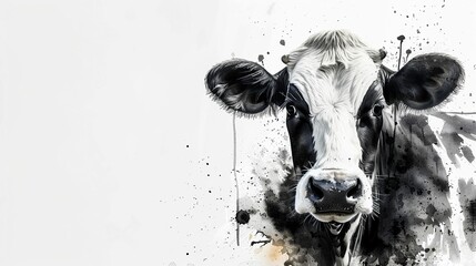 Cow portrait in black and white watercolor, farm theme, central composition, white background