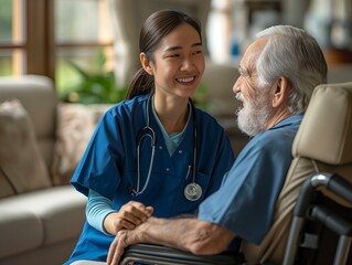 Obraz premium A woman in a blue scrubs is holding a man's hand in a wheelchair. The woman is smiling and the man is smiling back. Concept of warmth and comfort, as the woman is providing care