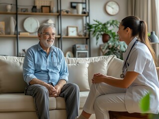 A woman in a white coat sits on a couch talking to an older man. Scene is one of comfort and care, as the nurse is providing support