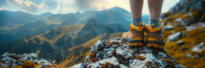 A person is standing on a mountain top with their feet on a rock. The person is wearing yellow boots and has socks on. The mountain is covered in grass and there are some rocks scattered around - Powered by Adobe