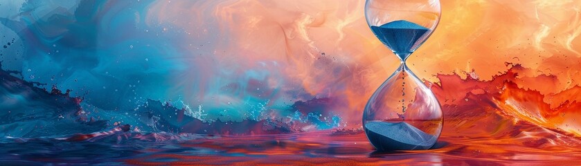 Global hourglass, sands slow dance, dawn light, low angle, vibrant watercolor essence