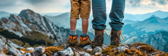 A man and a child are standing on a mountain top, looking out at the beautiful view. Concept of adventure and exploration, as well as the bond between a parent and child - obrazy, fototapety, plakaty