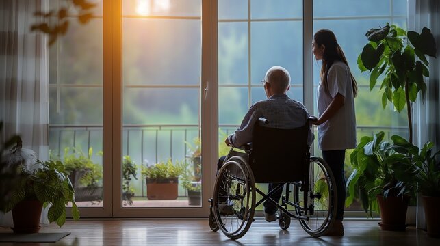 A woman in a white shirt is helping an elderly man in a wheelchair. The scene is set in a living room with a potted plant in the background. Scene is one of care and compassion