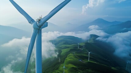 Aerial View of Wind Farm in Mountainous Terrain