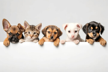 Dog pets and one kitten leaning out from behind a white wall with a light background in front of them
