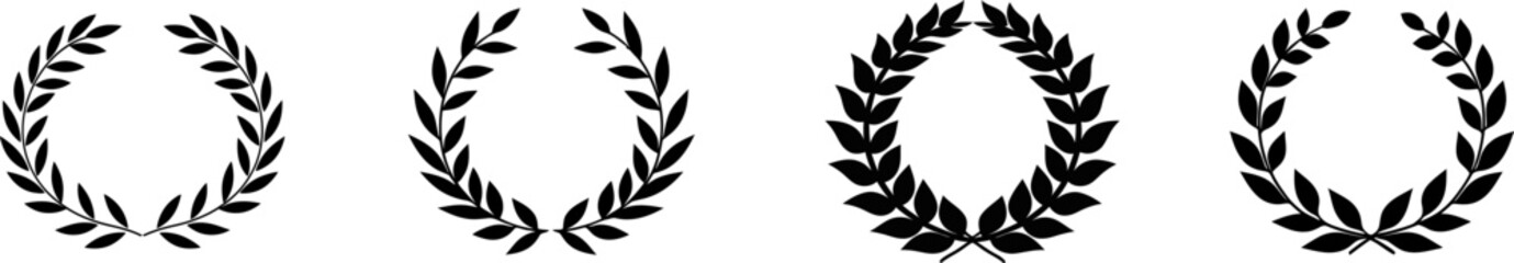 Laurel wreath victory icon collection. Winner award leaf logo.Black silhouette circular laurel foliate icons . © Tally 18