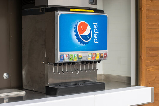 Portland, OR, USA - Nov 14, 2021: A Pepsi 10-flavor ice and beverage soda fountain machine is seen at the food stands area in Portland's Oregon Zoo.