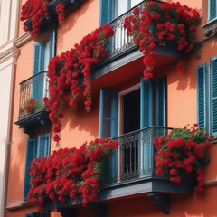 the balcony in the apartment building is decorated with flowers, the concept of crop production at home