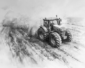 Top view, tractor turning soil, spring vibrancy, dynamic angle, charcoal sketch, awakening land - obrazy, fototapety, plakaty