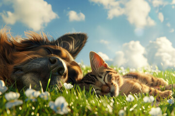 Dog and cat sleep together in a spring meadow with flowers and green grass with a blue bright sky in the background close up
