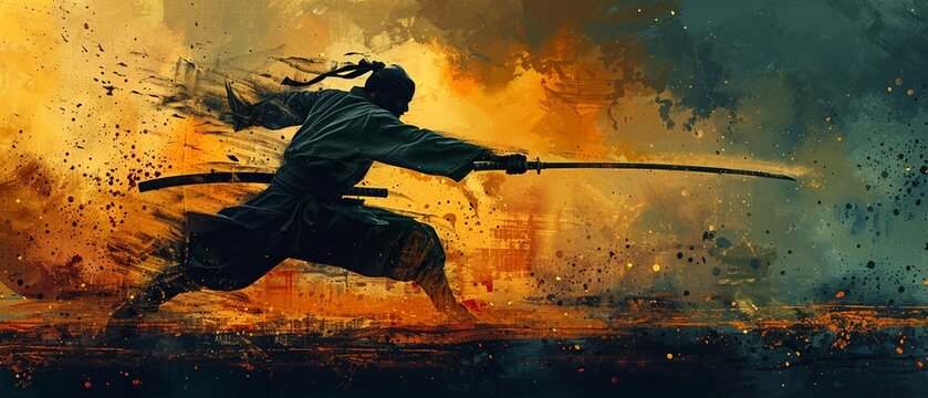 Stealthy ninja warrior, lurking in darkness, twilight haze, eyelevel, watercolor shadow play