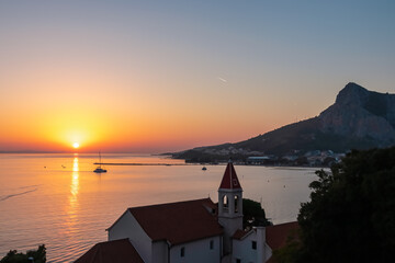 Monastery and Church of Our Lady of Carmel at sunset in idyllic Omis Riviera, Adriatic...