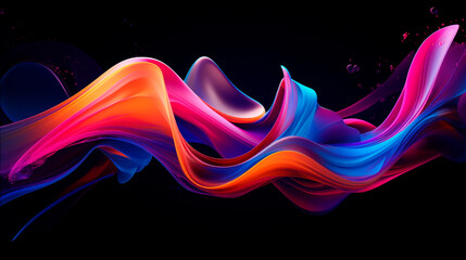A vibrant wave of colorful liquid cascades across a dark black background in this dynamic and visually striking composition. Dynamic bright smoke and light particles. Banner. Copy space - obrazy, fototapety, plakaty