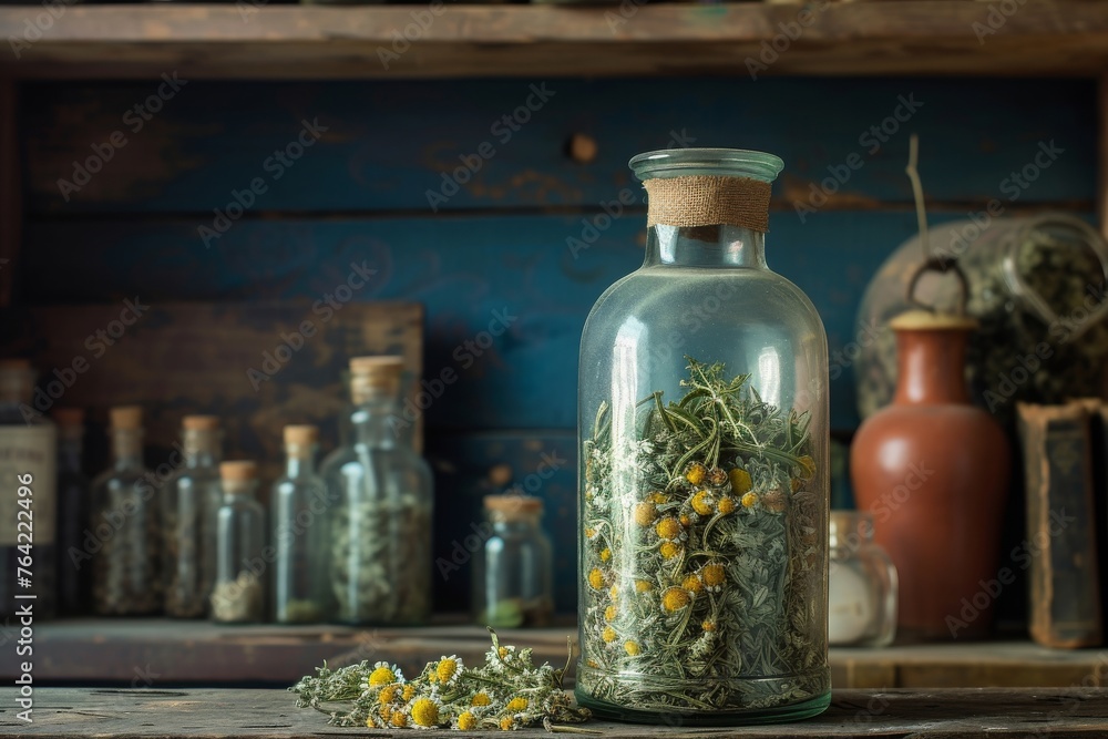 Poster A glass bottle filled with colorful flowers placed on top of a wooden table, An old apothecary jar filled with dried herbs, AI Generated