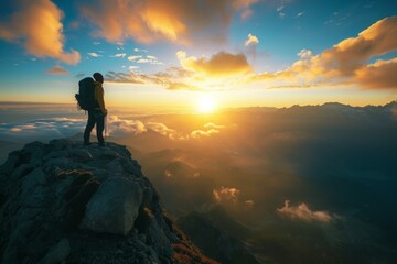 Man Standing on Top of Mountain With Backpack, An invigorating sunrise view from a mountaintop with a backpacker greeting the new day, AI Generated