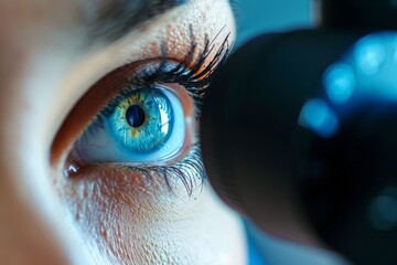 This close-up photo captures the intricate details of a persons blue eye, An iridologist performing an iris diagnosis, AI Generated