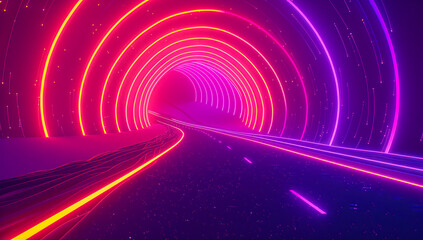 Futuristic neon tunnel, abstract design with glowing lines and vibrant colors in modern space