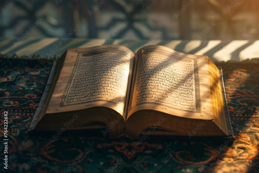 Poster an open book is placed on top of a rug, creating a simple and serene composition, an open quran unde